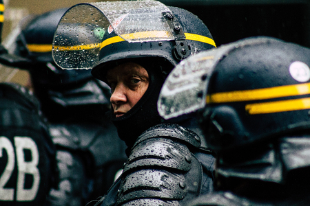 Paris France May 11, 2019 View of men of the French National Police walking in the streets of Paris...