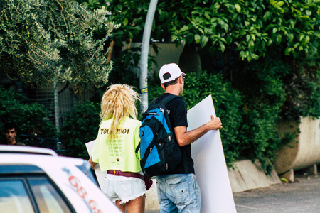 Tel Aviv Israel August 1, 2019 View of Israeli people taking part in a political demonstration...