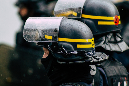 Paris France May 11, 2019 View of men of the French National Police walking in the streets of Paris...