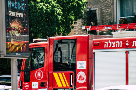 Tel Aviv Israel August 17, 2019 View of traditional Israeli fire engine rolling in the streets of...