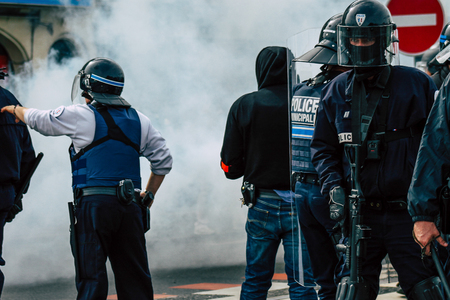 Reims France May 18, 2019 View of the French National Police squad intervening in the streets of Reims during the riots in the afternoonのeditorial素材
