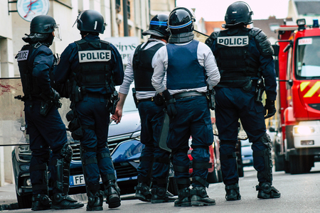Reims France May 18, 2019 View of the French National Police squad intervening in the streets of Reims during the riots in the afternoonのeditorial素材