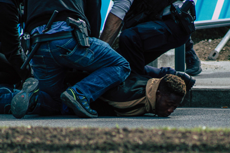 Reims France May 18, 2019 View of the French National Police squad intervening in the streets of Reims during the riots in the afternoonのeditorial素材