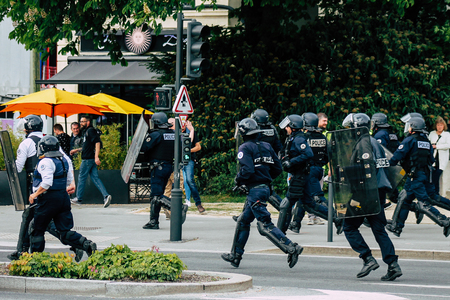 Reims France May 18, 2019 View of the French National Police squad intervening in the streets of...