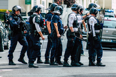 Reims France May 18, 2019 View of the French National Police squad intervening in the streets of Reims during the riots in the afternoonのeditorial素材