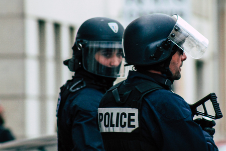 Reims France May 18, 2019 View of the French National Police squad intervening in the streets of Reims during the riots in the afternoonのeditorial素材