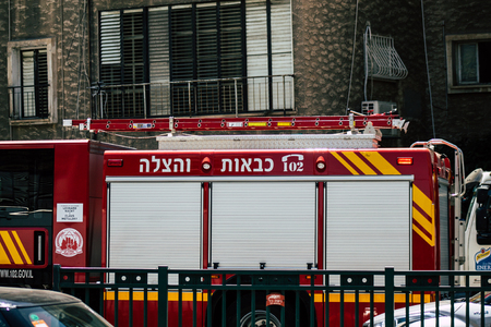 Tel Aviv Israel August 17, 2019 View of traditional Israeli fire engine rolling in the streets of...