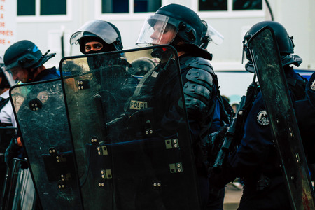 Reims France May 18, 2019 View of the French National Police squad intervening in the streets of Reims during the riots in the afternoonのeditorial素材