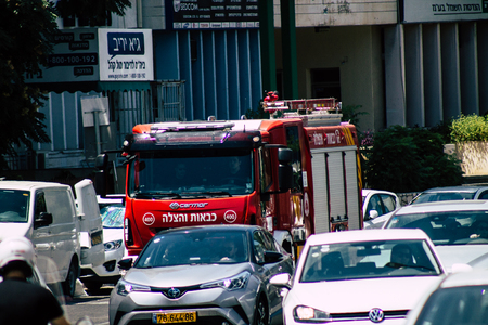 Tel Aviv Israel August 17, 2019 View of traditional Israeli fire engine rolling in the streets of...