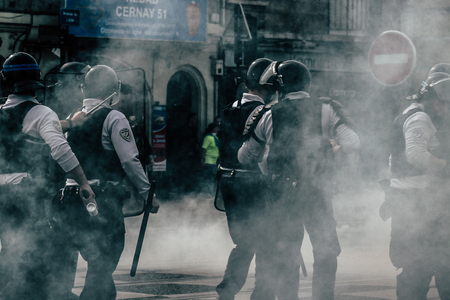Reims France May 18, 2019 View of the French National Police squad intervening in the streets of Reims during the riots in the afternoonのeditorial素材
