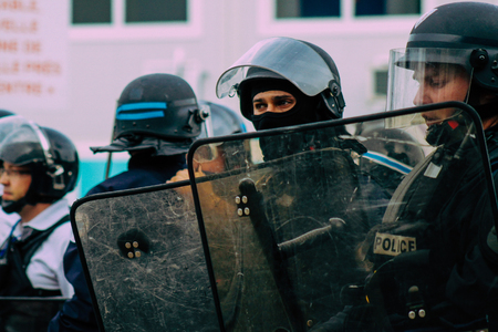 Reims France May 18, 2019 View of the French National Police squad intervening in the streets of Reims during the riots in the afternoonのeditorial素材