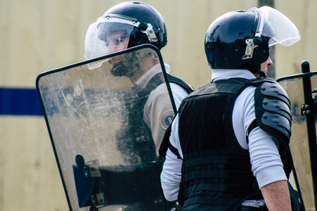 Reims France May 18, 2019 View of the French National Police squad intervening in the streets of Reims during the riots in the afternoonのeditorial素材