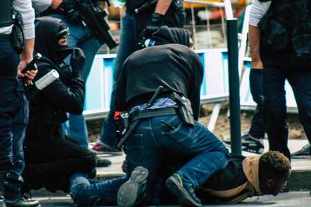 Reims France May 18, 2019 View of the French National Police squad intervening in the streets of Reims during the riots in the afternoonのeditorial素材