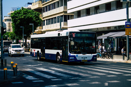 Tel Aviv Israel JuLY 16, 2019 View of traditional Israeli city bus rolling in the streets of Tel...