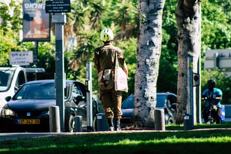 Tel Aviv Israel August 23, 2019 View of unknown Israeli people rolling with a electric scooter in...