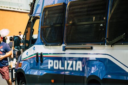 Rome Italy September 15, 2019 View of a Italian police car driving through the streets of Rome in the morningの写真素材