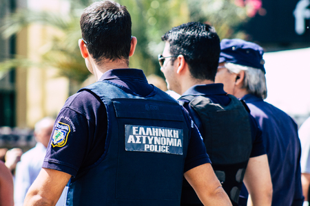 Athens Greece September 7, 2019 View of a Greek police officer in the streets of Athens in the...