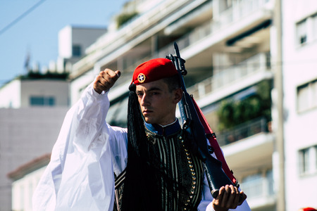 Athens Greece September 1, 2019 View of Greek soldiers marching at the military ceremony on the tomb...
