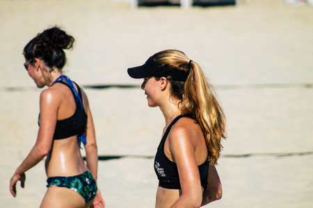 Tel Aviv Israel August 24, 2019 Portrait of unknown Israeli girl playing beach volley on the public beach of Tel Aviv in the morningのeditorial素材