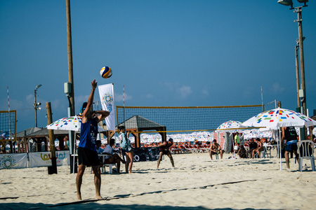 Tel Aviv Israel August 24, 2019 View of unknown Israeli people playing beach volleyball on the...