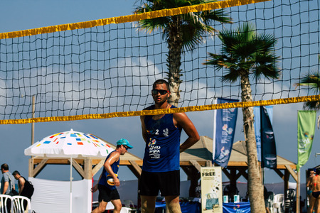 Tel Aviv Israel August 24, 2019 View of unknown Israeli people playing beach volleyball on the...