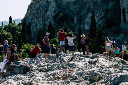 Athens Greece August 28, 2019 View of unknowns people visiting the Acropolis of Athens in the morningのeditorial素材