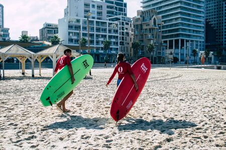 Tel Aviv Israel September 18, 2019 View of unknown Israeli people having fun on the beach of Tel...