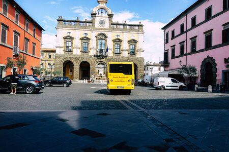 Nepi Italy September 25, 2019 Closeup of a school bus driving through the streets of Nepi in the afternoonの写真素材