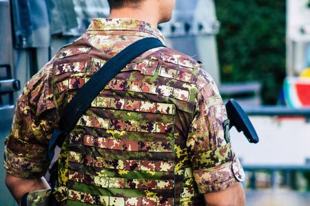 Rome Italy September 29, 2019 View of an Italian soldier on protection mission of the Coliseum of...