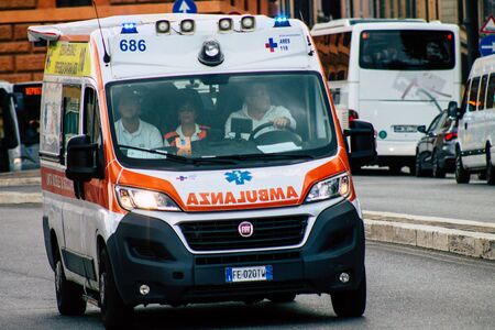 Rome Italy September 29, 2019 View of a Italian ambulance driving through the streets of Rome in the morningの写真素材