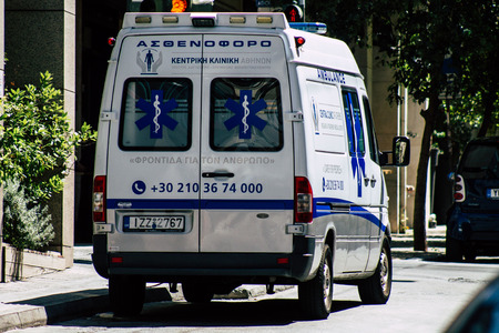 Athens Greece August 30, 2019 View of a Greek ambulance parked in the streets of Athens in the...