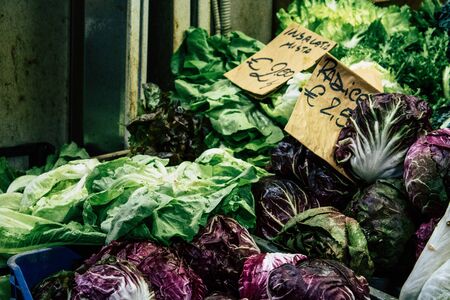 Rome Italy October 18, 2019 Closeup of various vegetables sold at the Triomphale market place in Rome in the afternoonの写真素材