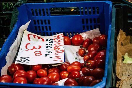 Rome Italy October 18, 2019 Closeup of various vegetables sold at the Triomphale market place in Rome in the afternoonの写真素材