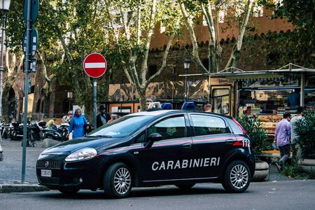 Rome Italy October 18, 2019 View of an Italian police car parked in the streets of Rome in the eveningの写真素材