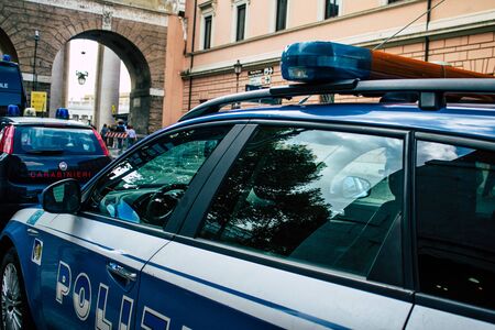 Rome Italy October 18, 2019 View of an Italian police car parked in the streets of Rome in the eveningの写真素材