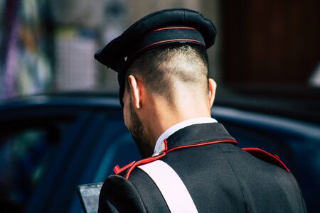 Rome Italy October 18, 2019 View of Italian police officer walking in the streets of Rome in the...