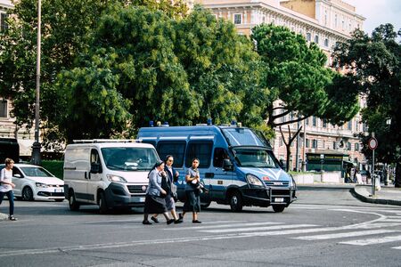 Rome Italy October 18, 2019 View of an Italian police car rolling in the streets of Rome in the eveningの写真素材