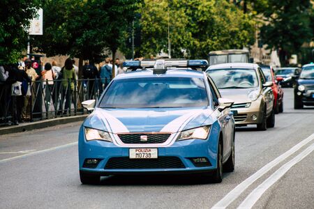Rome Italy October 18, 2019 View of an Italian police car rolling in the streets of Rome in the eveningの写真素材