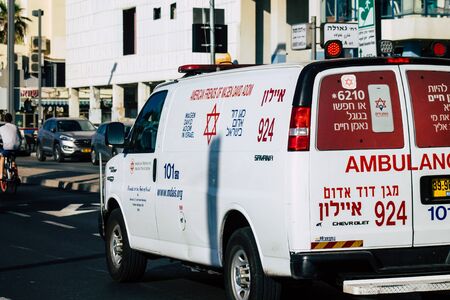 Tel Aviv Israel October 03, 2019 View of a Israeli ambulance rolling in the streets of Tel Aviv in the afternoonの写真素材