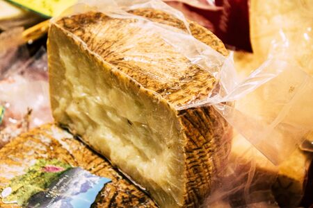Rome Italy October 18, 2019 Closeup of Italian cheese sold at the Triomphale market place in Rome in...