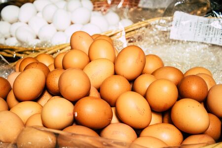 Rome Italy October 18, 2019 Closeup of organic eggs sold at the Triomphale market place in Rome in...