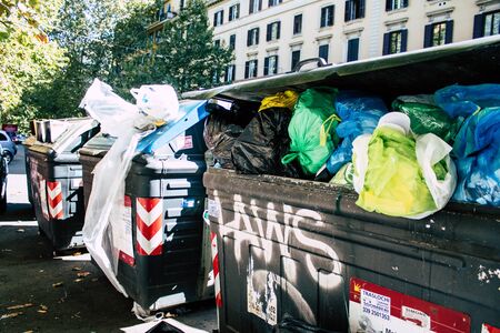 Rome Italy October 20, 2019 View of garbage containers in the streets of Rome in the morningの写真素材