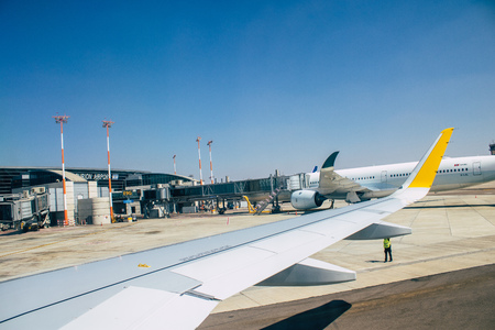 Tel Aviv Israel October 11, 2019 View of a plane flying from Ben Gurion international airport in the afternoonのeditorial素材