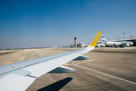 Tel Aviv Israel October 11, 2019 View of a plane flying from Ben Gurion international airport in the afternoonのeditorial素材