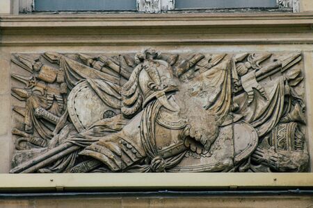 Reims France October 25, 2019 Closeup of the decoration of the facade of the city hall of Reims in the afternoonのeditorial素材