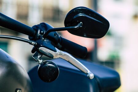 Reims France October 26, 2019 Closeup of a Harley Davidson motorbike parked in the streets of Reims...