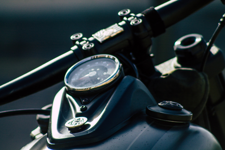 Reims France October 26, 2019 Closeup of a Harley Davidson motorbike parked in the streets of Reims in the afternoonのeditorial素材