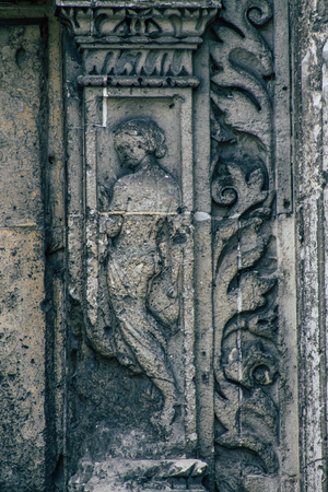 Reims France October 25, 2019 Close up of the Roman triumphal arch called Mars Gate located in Reims