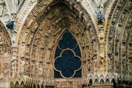 Reims France October 26, 2019 View of the exterior facade of the Notre Dame de Reims cathedral in the afternoonのeditorial素材