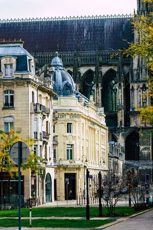 Reims France October 26, 2019 View of windows of a building in the street of Reims in the afternoonのeditorial素材